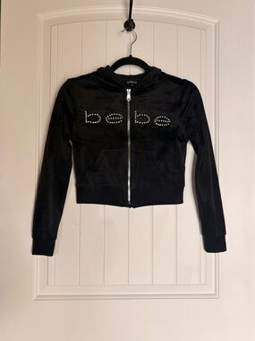 bebe Black Velour Rhinestone Logo Zip Hoodie